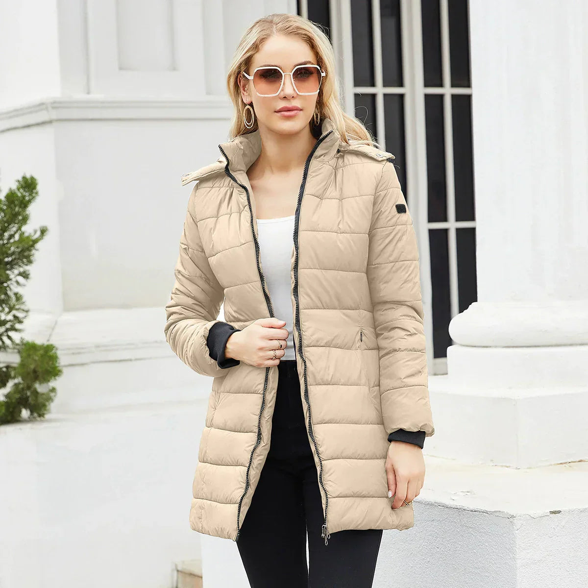 WW | Water-repellent Puffer Jacket Detachable Hood Mid-length Ribbed Cuffs