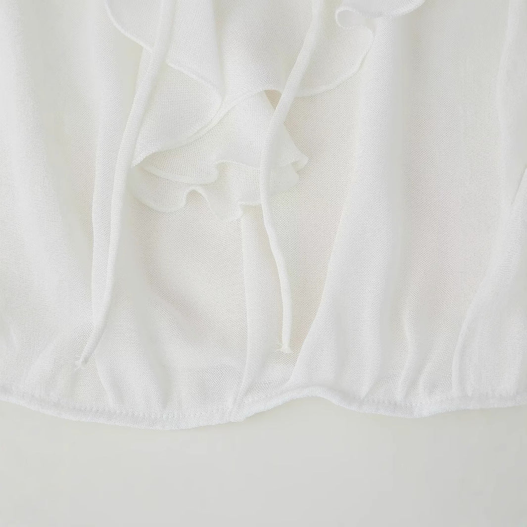 Women's Blouse with Romantic Ruffles and Deep V-Neck WW