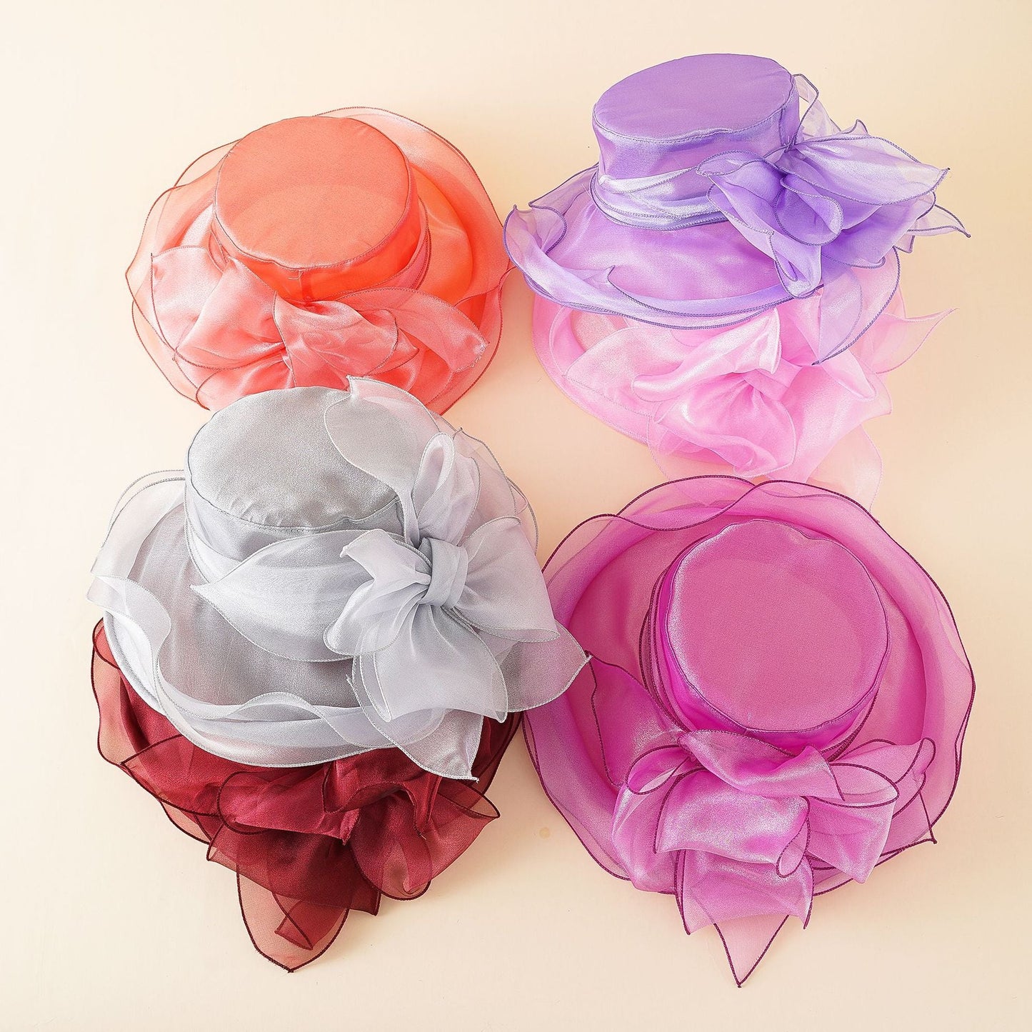 Damen Eleganter Tüllhut mit großem gefaltetem Blumenmotiv WW