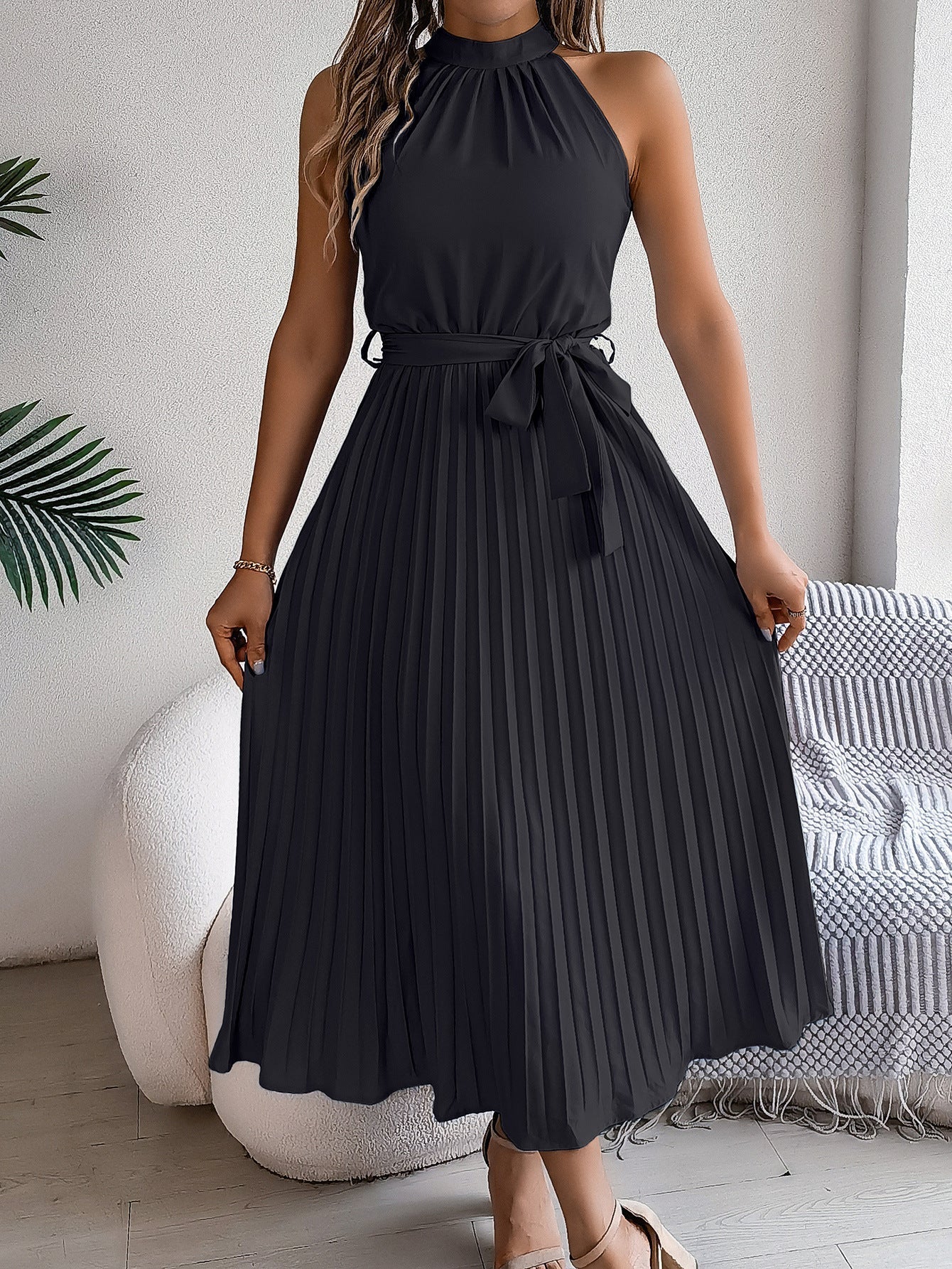 WW | Frühling Elegante Stehkragen Taille-betonte Falten Maxi Kleid
