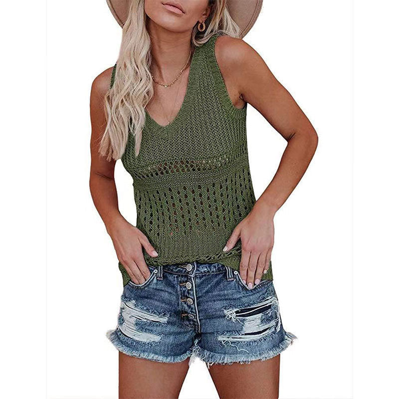Damen luftiges Stricktop mit V-Ausschnitt und feinen Lochmustern WW