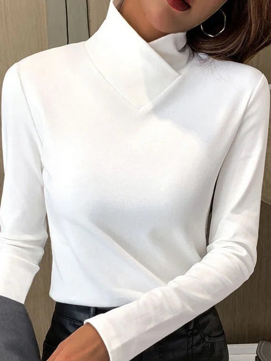 WW | Blouse with Asymmetrical Collar Long-Sleeve Design Elegant and Modern