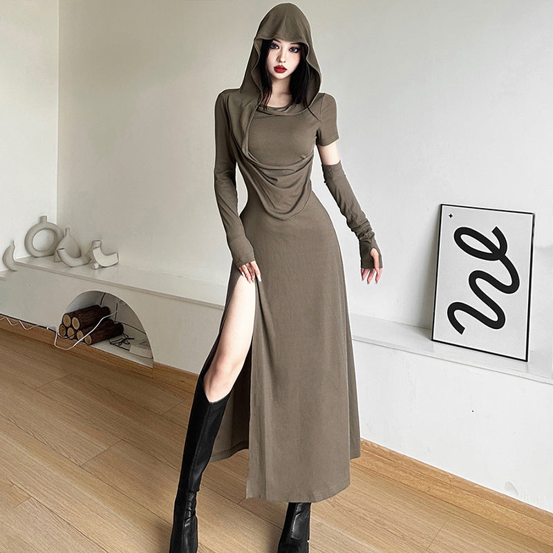 Damen Maxikleid mit Kapuze und drapiertem Oberteil WW