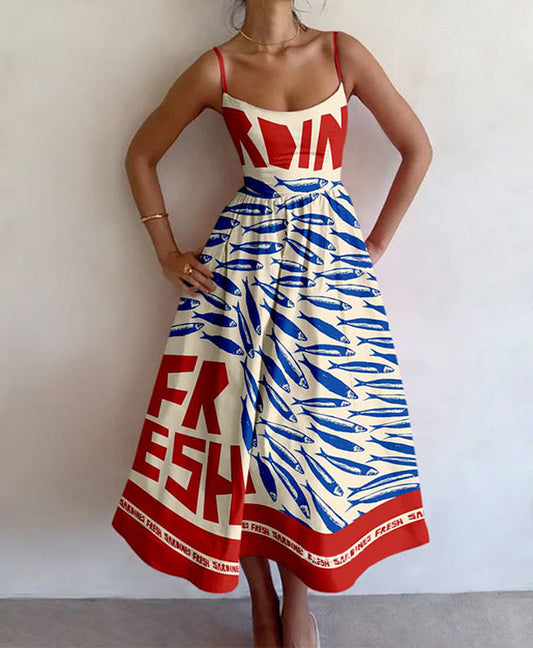 Damen Midi-Kleid mit auffälligem Grafikdruck und schwingendem Rock WW