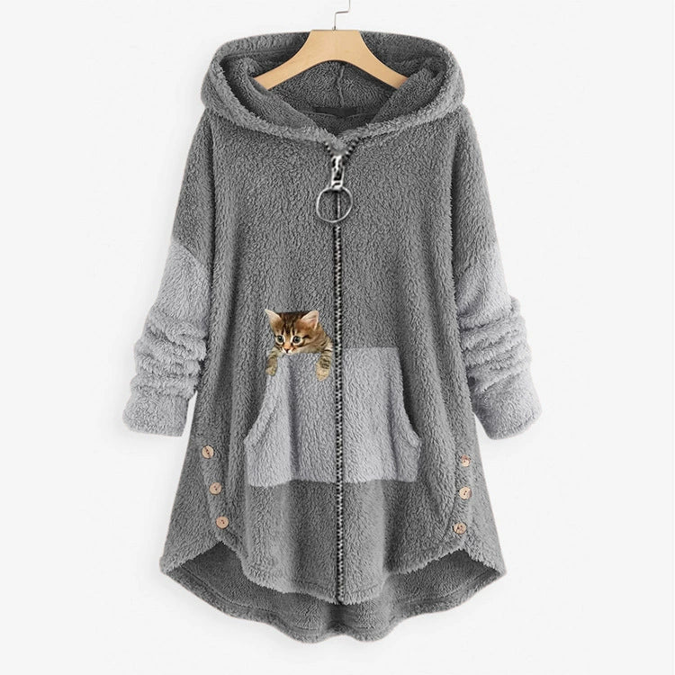 WW | Lange Jacke Übergroß Schnitt Weicher Fleece Look Kängurutasche High Low Saum