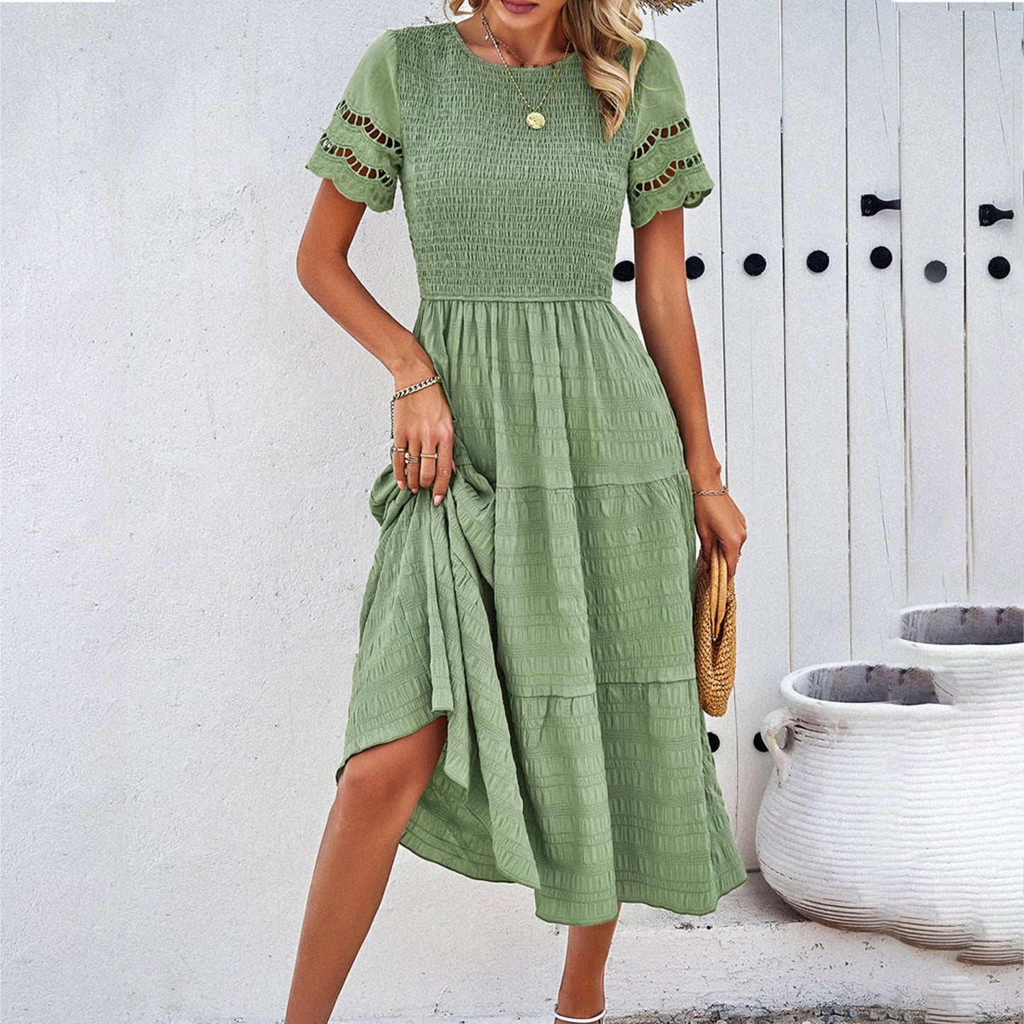 Damen Midikleid mit Puffärmeln und elastischem Oberteil WW