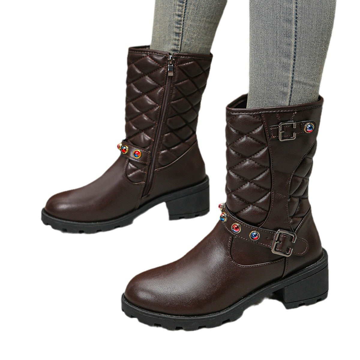 Damen modische Stiefeletten mit dekorativen Schmuckdetails und robustem Profil WW