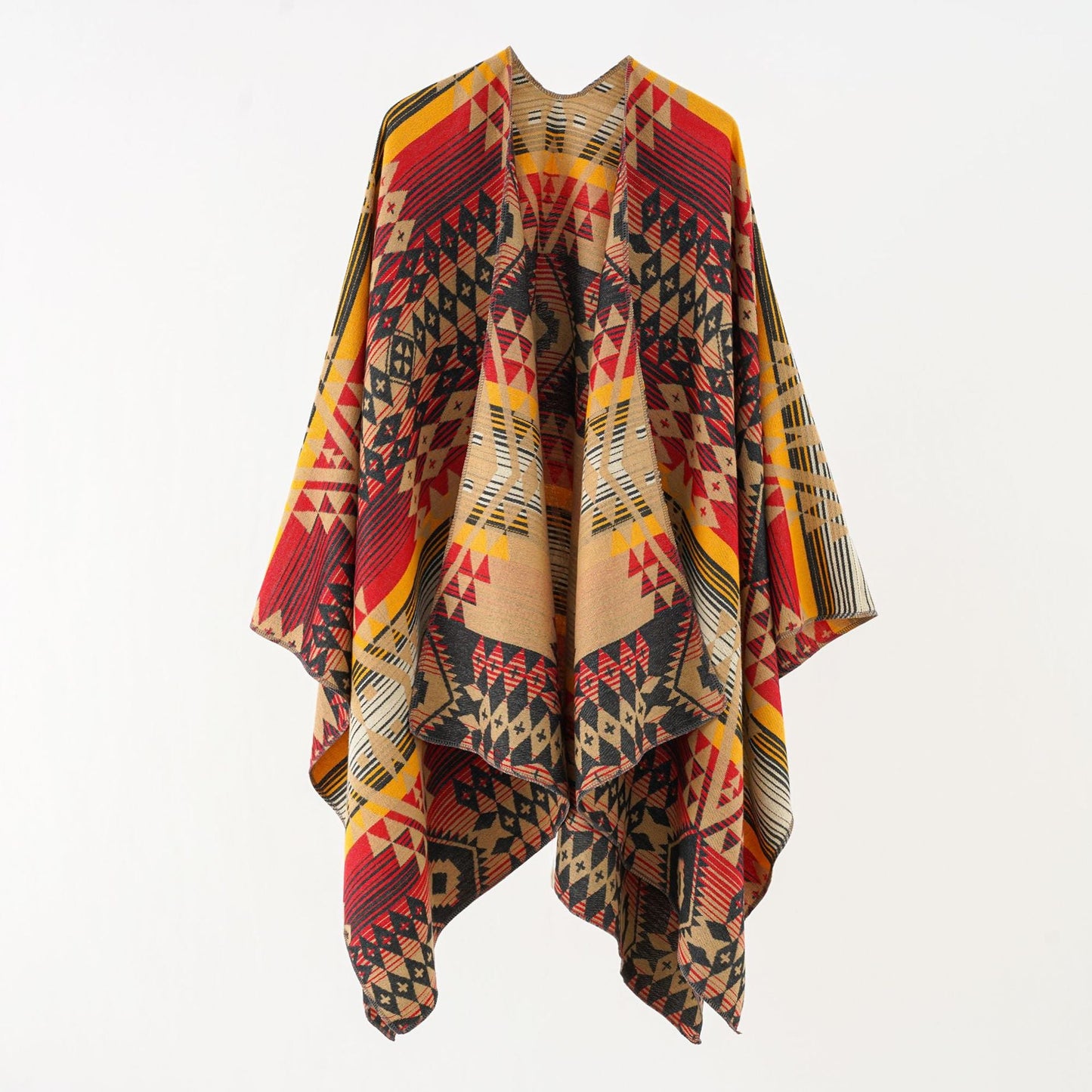 Women's Geometric Overlay Poncho with Warm Material and Trendy Pattern WW