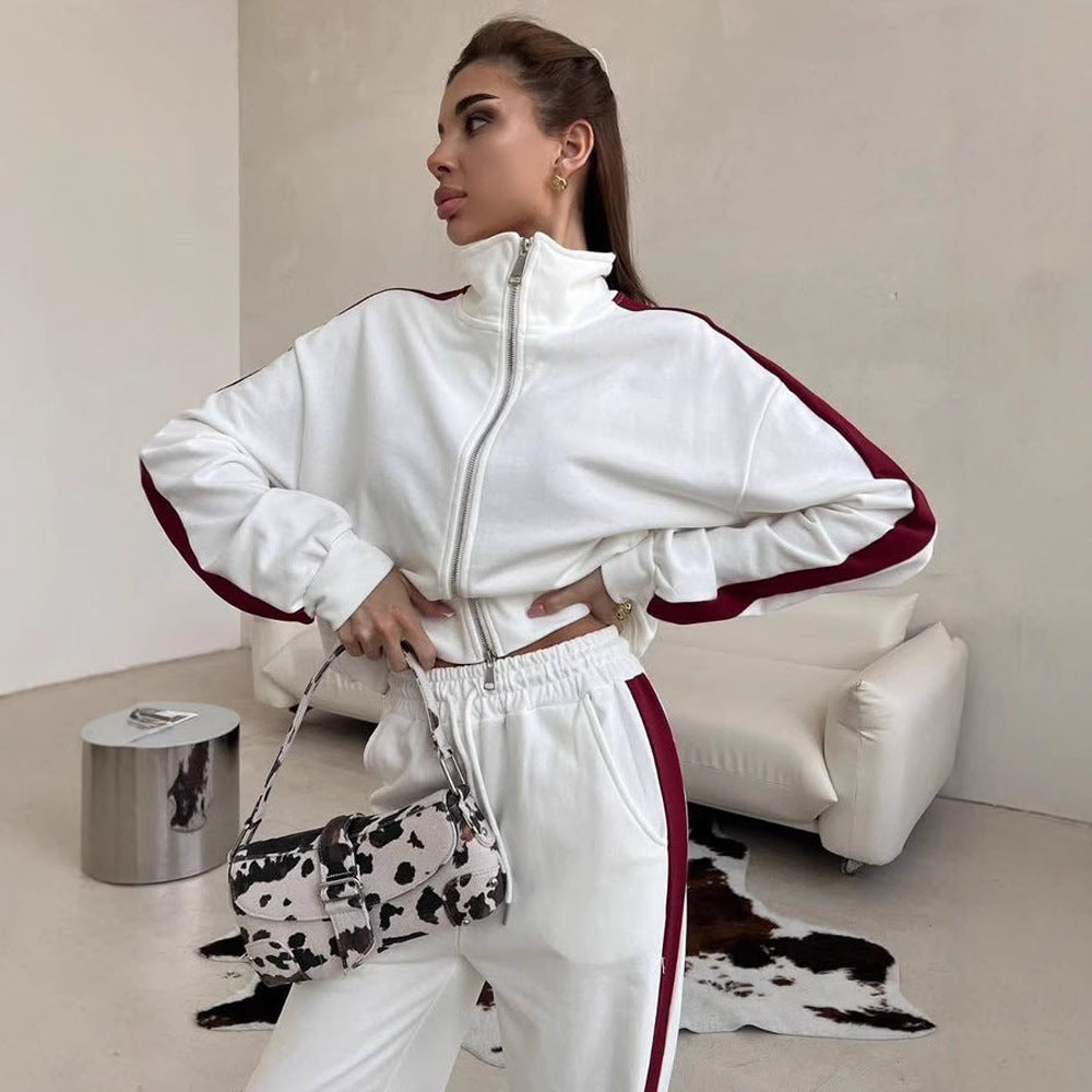 Damen sportlicher Fleece-Jogginganzug mit hohem Kragen und seitlichen Nähten WW