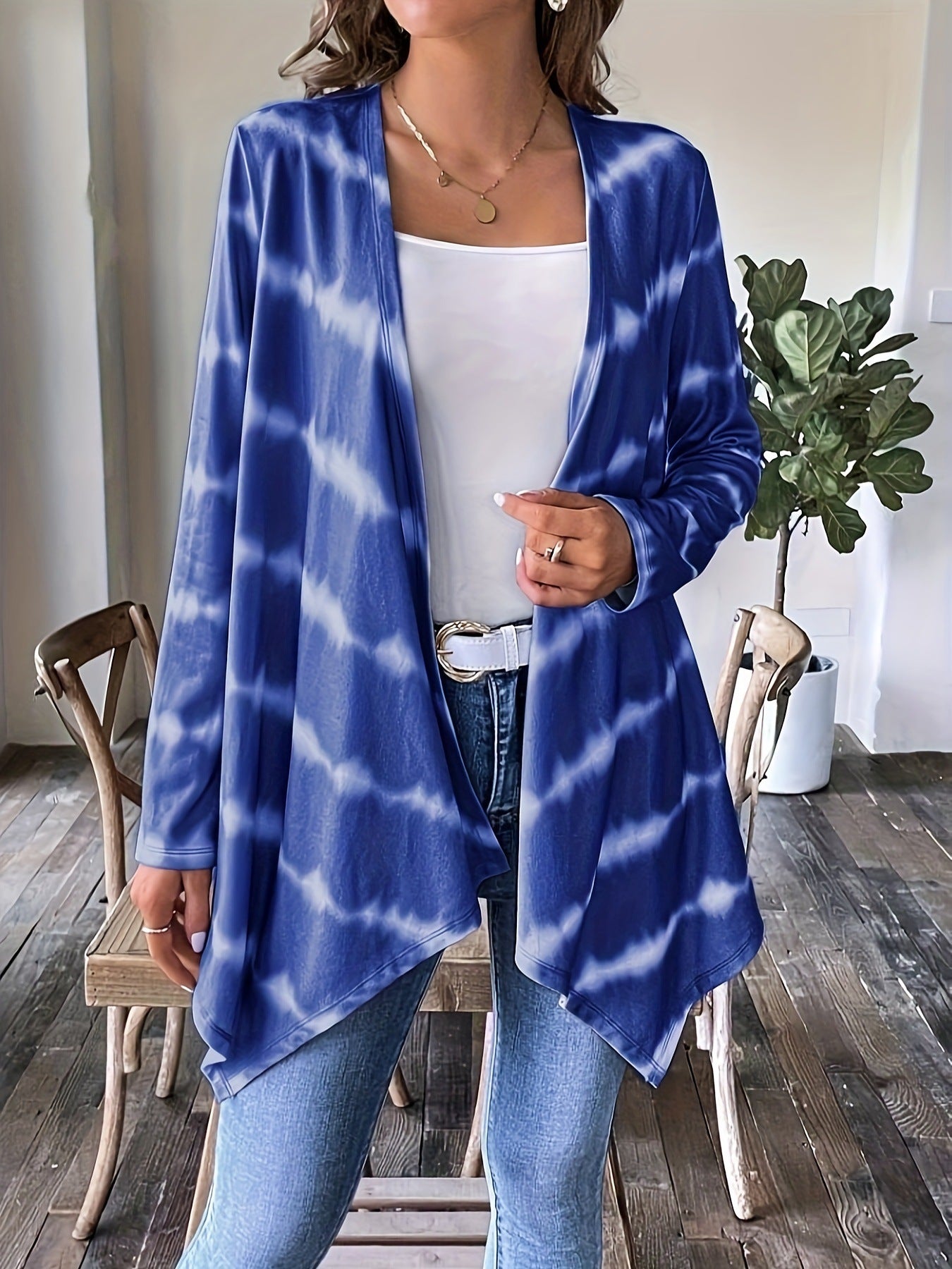 WW | Cardigan - Offene Vorderseite - Lange Ärmel - Batikmuster - Lässige Chic-Schicht