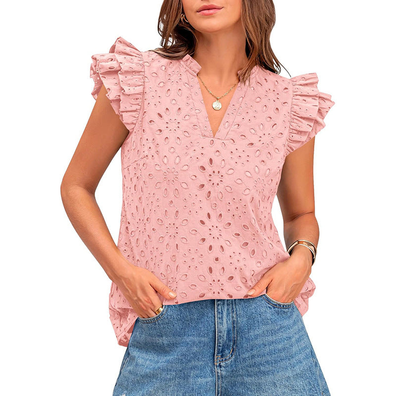 Women's Blouse with Ruffled Sleeves and Floral Eyelet Pattern WW