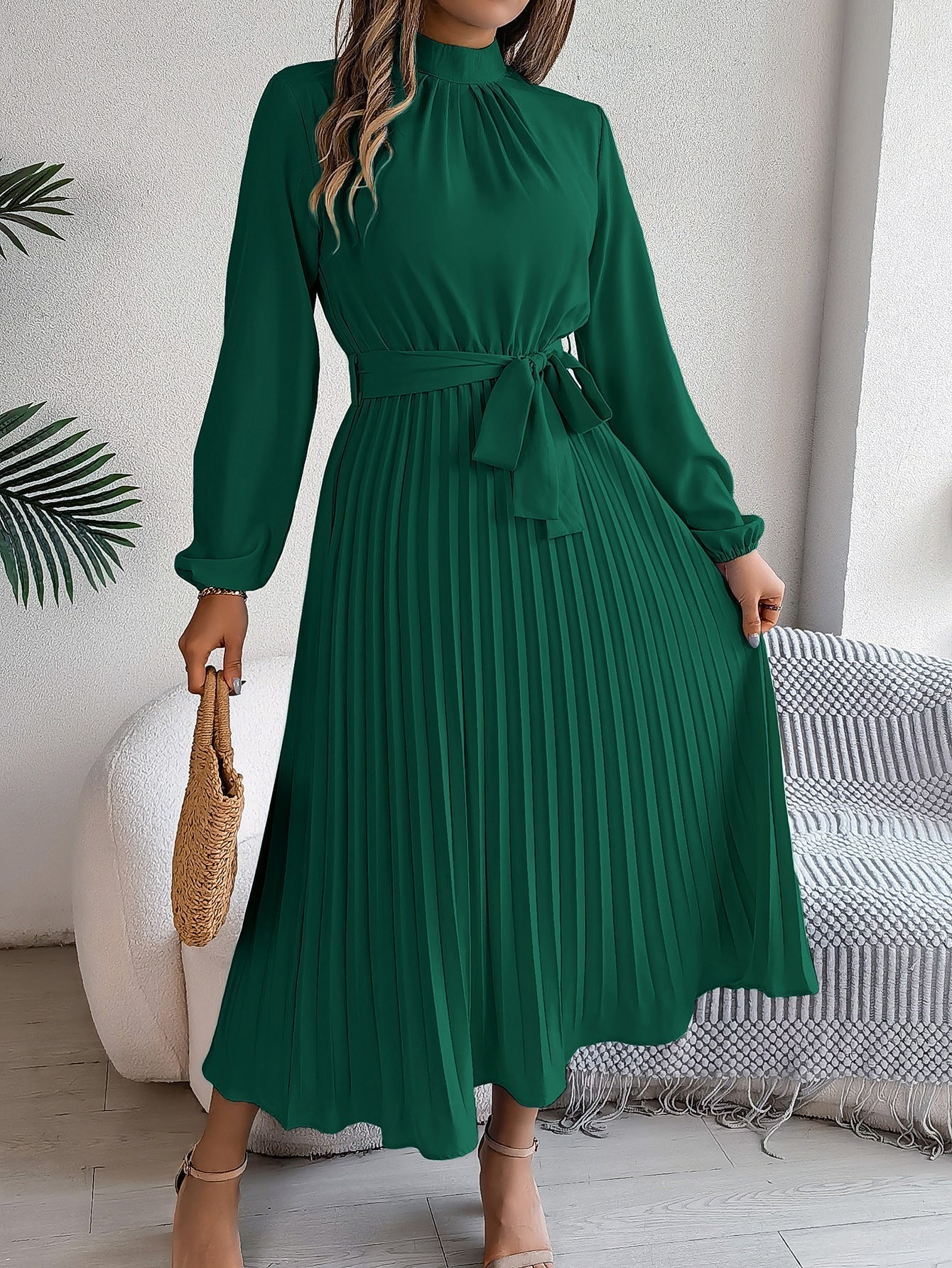 WW | Elegante Stehkragen Taillierter Plissierter Langer Rock kleines Kleid