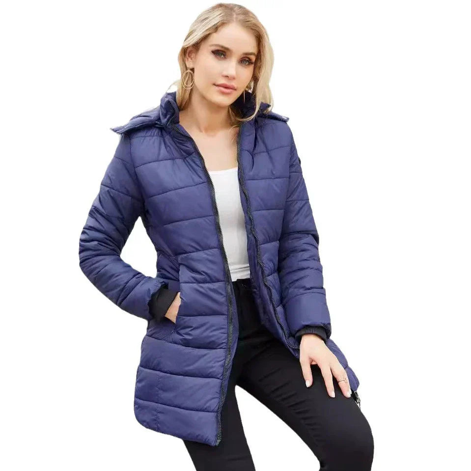 WW | Women's Puffer Jacket - Padded Insulated - Detachable Hood - Ribbed Cuffs - Mid-Length Fit