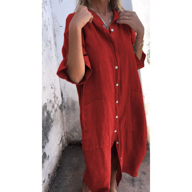 WW | Loose Casual Cotton-Linen Shirt Dress with Half Sleeves