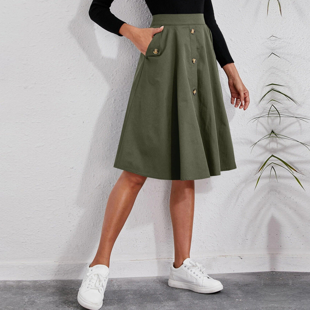 WW | Button Hem Defining Elegant Umbrella Midi Skirt