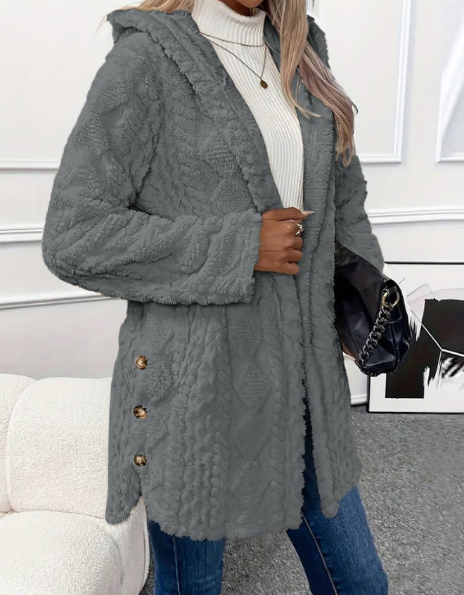 WW | Strickjacke mit Kapuze Fleece Lockere Passform Knöpfe mittellang