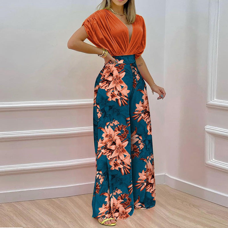 Women's Jumpsuit with Deep V-Neck and Wide Leg WW