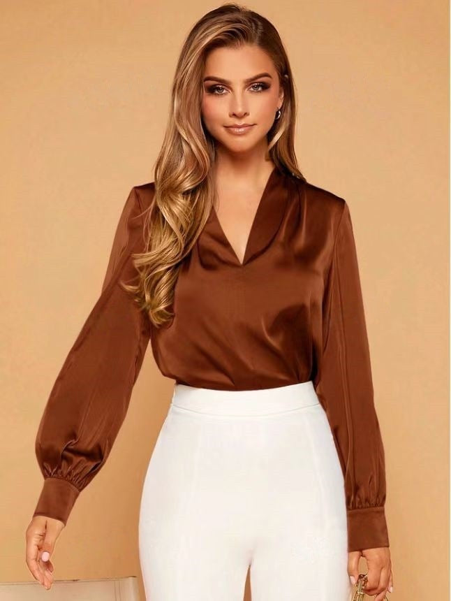 WW | V-Neck Long Sleeve Satin Blouse