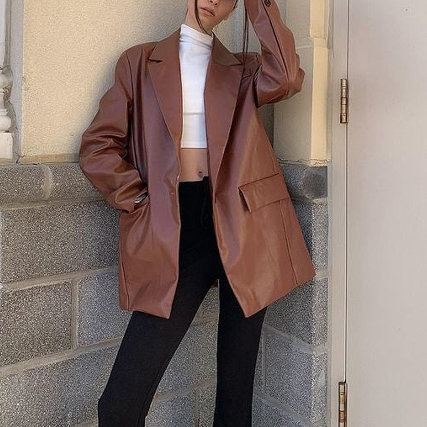 WW | Oversized PU Leder Blazer - Schick & Kanten - Knopfverschluss - Herbst & Frühling Oberbekleidung