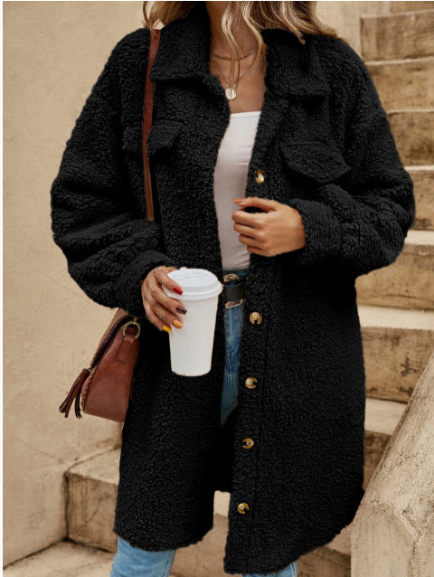 WW | Women's Long Jacket – Plush Fleece – Oversized Fit – Wide Lapels – Button Closure