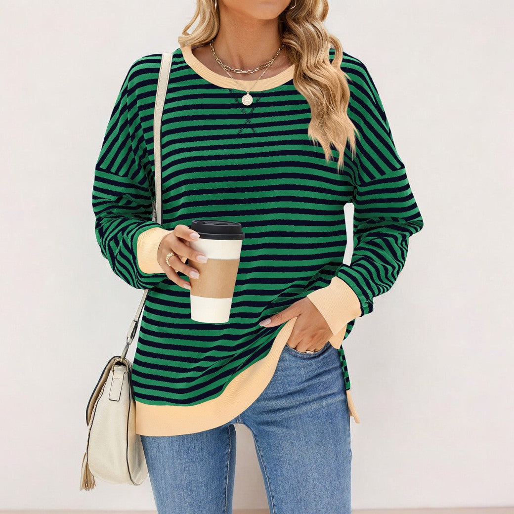 WW | Locker T-Shirt mit Streifen und langen Ärmeln Lässiger Pullover für Frauen