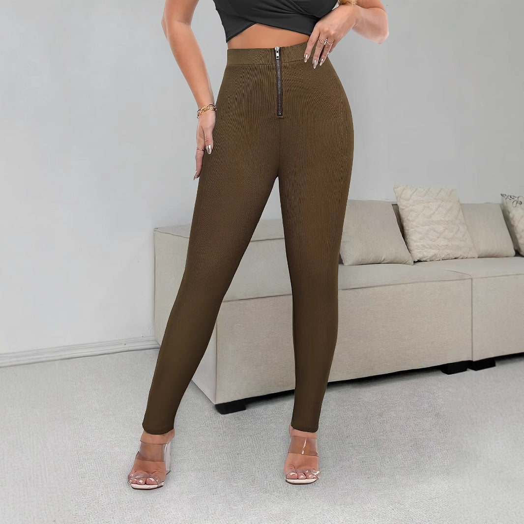 WW | High-Waist Leggings mit strukturiertem Design und dekorativem Reißverschluss