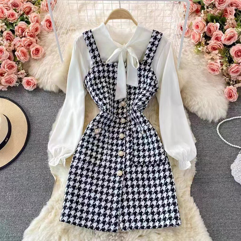WW | Satz mit Latzkleid Tweed A-Linie Bluse mit Schleife und Puffärmeln