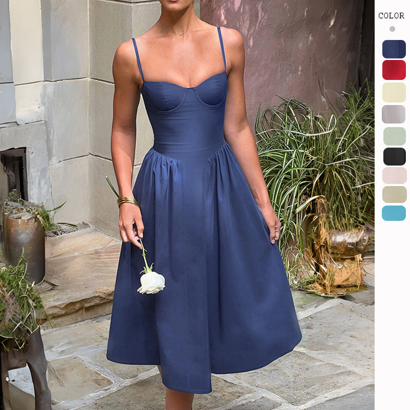 Damen Midi-Kleid mit eleganter Bustier-Oberfläche und schwingendem Rock WW
