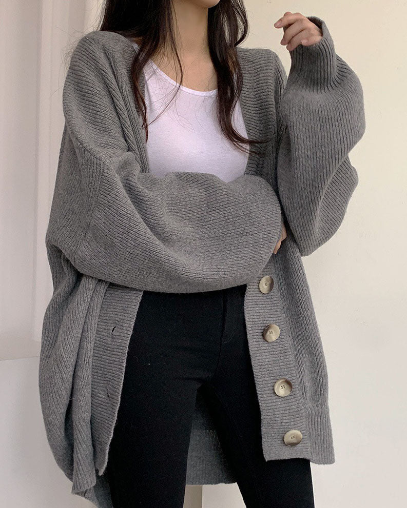 WW V-Ausschnitt einreihig lockerer Laternenärmel Strickcardigan