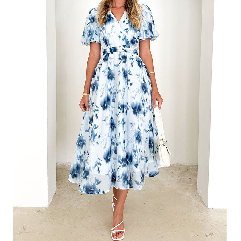 Women's midi dress with a fitted silhouette, voluminous sleeves, and an elegant wave pattern WW