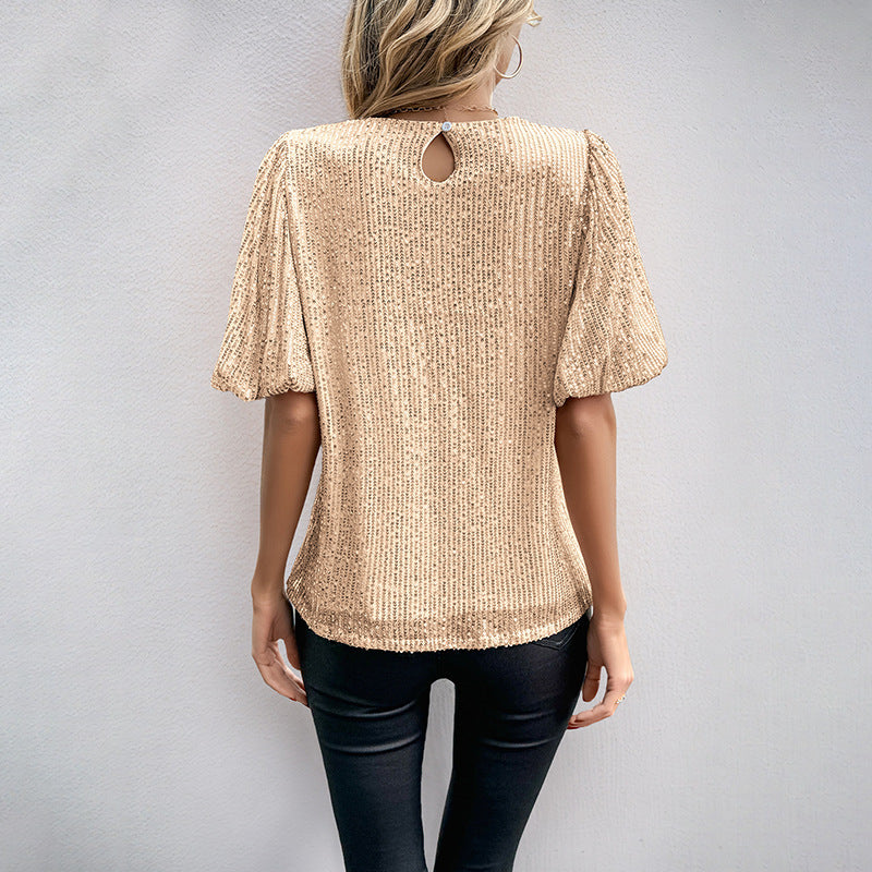 Women's Blouse with Voluminous Puffed Sleeves and Textured Fabric WW