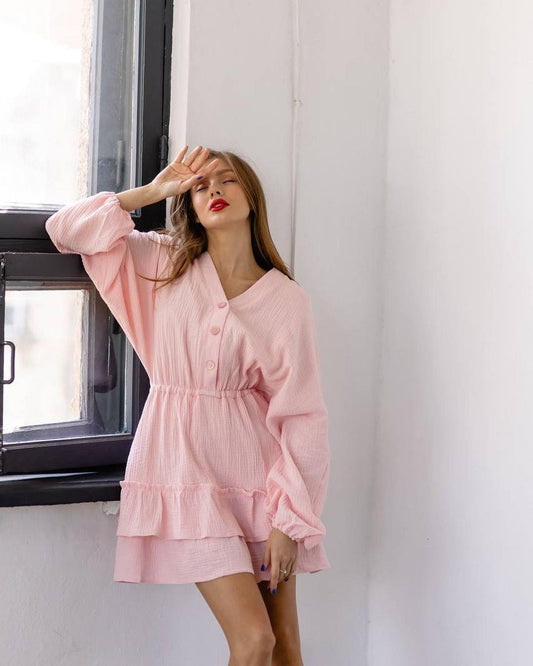 Women's Casual Babydoll Dress with Button Details and Voluminous Sleeves WW