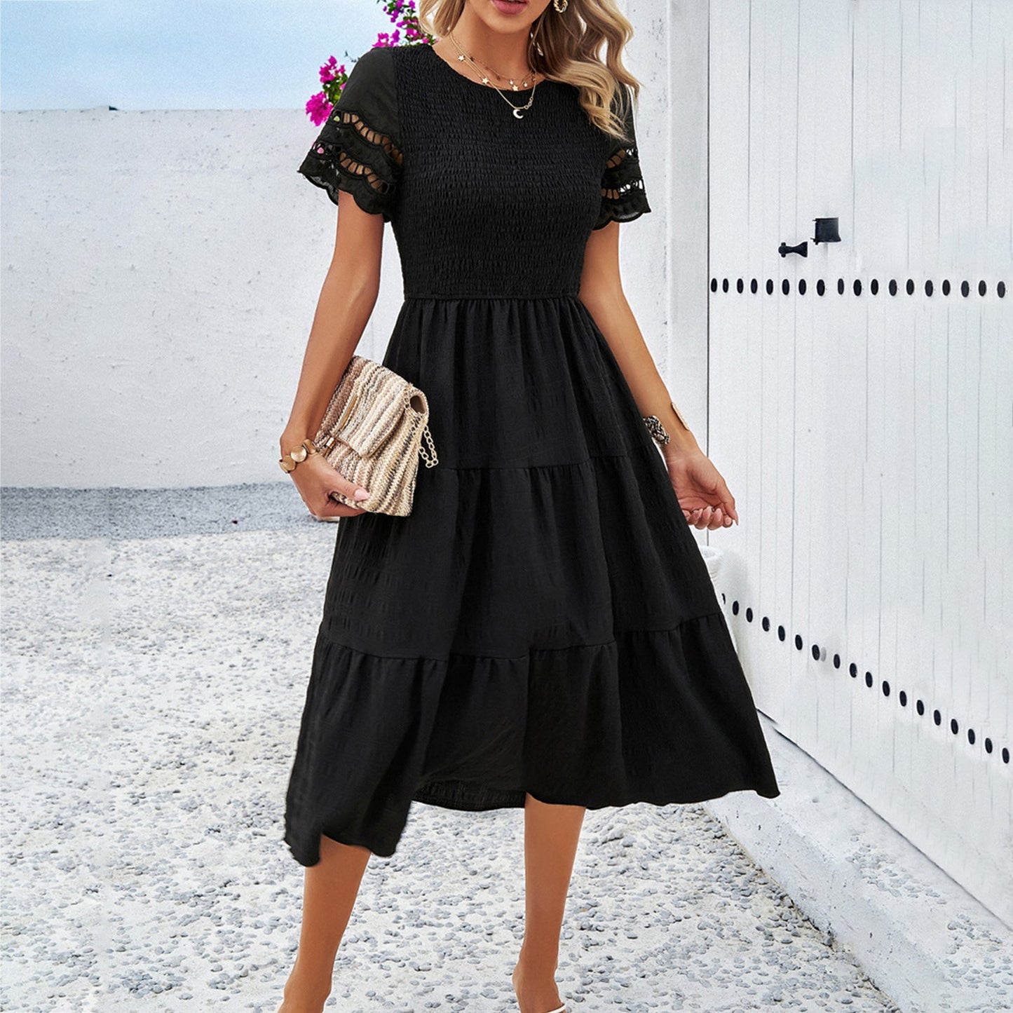 Damen Midikleid mit Puffärmeln und elastischem Oberteil WW