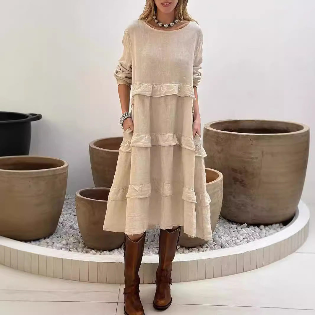 WW | Ruffled Round Neck Long Sleeve Dress