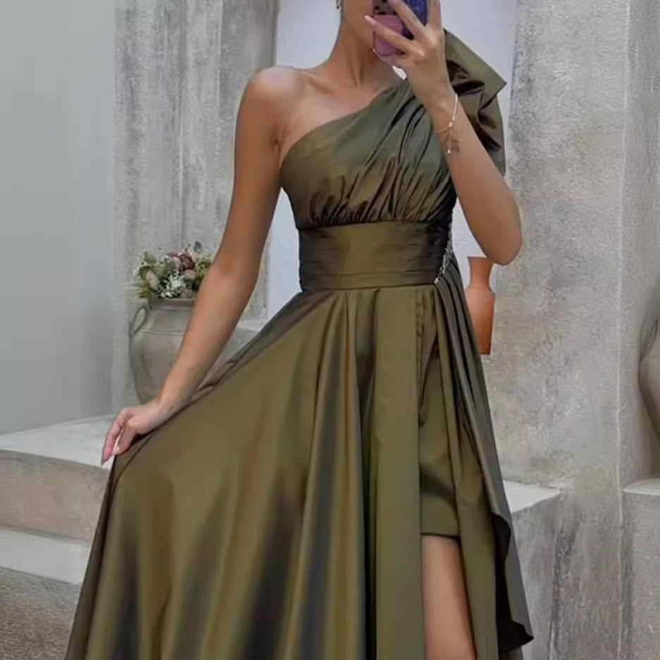 Women's Asymmetrical Maxi Dress with Elegant Cut and High Slit WW
