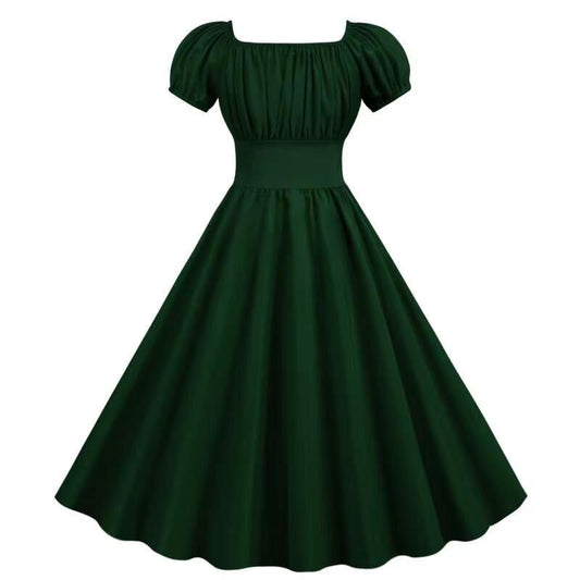 Damen Vintage Kleid mit Puffärmeln und schwingendem Rock WW