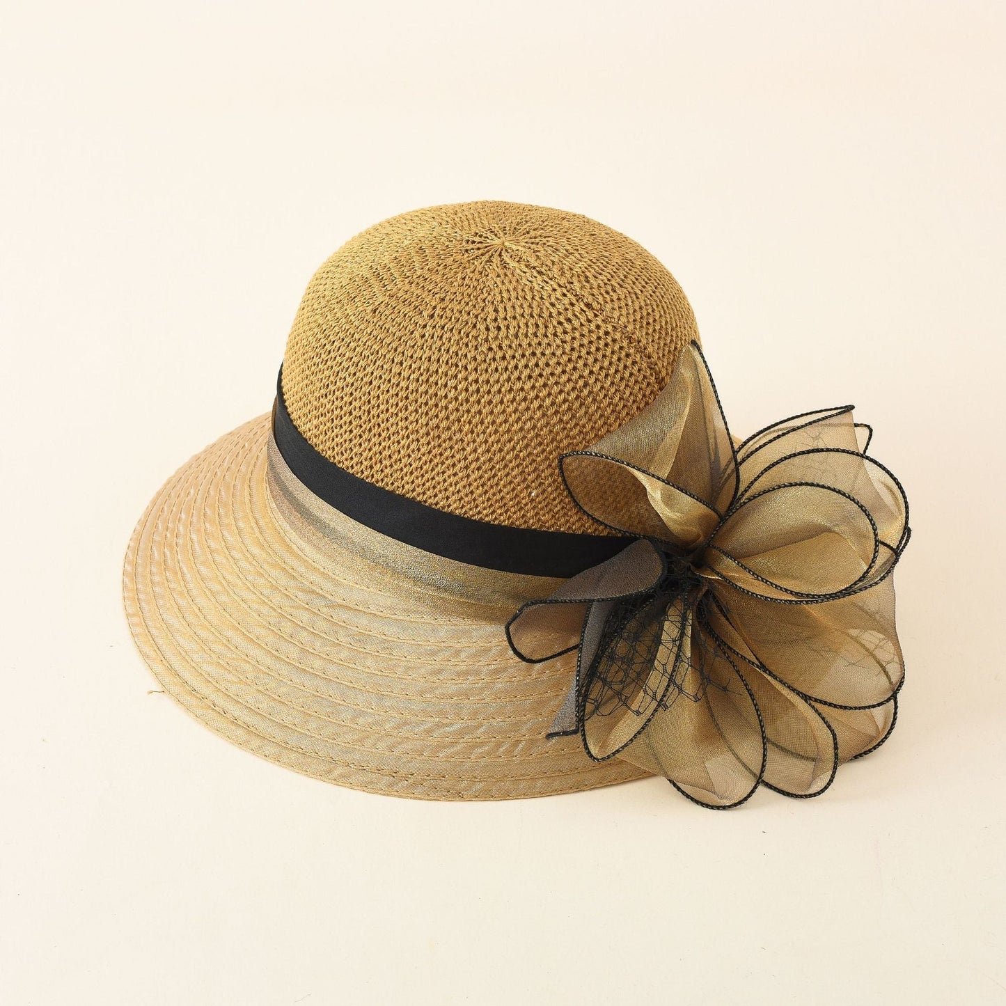 Damen eleganter Sonnenhut mit feiner Schleifenverzierung und breiter Krempe WW