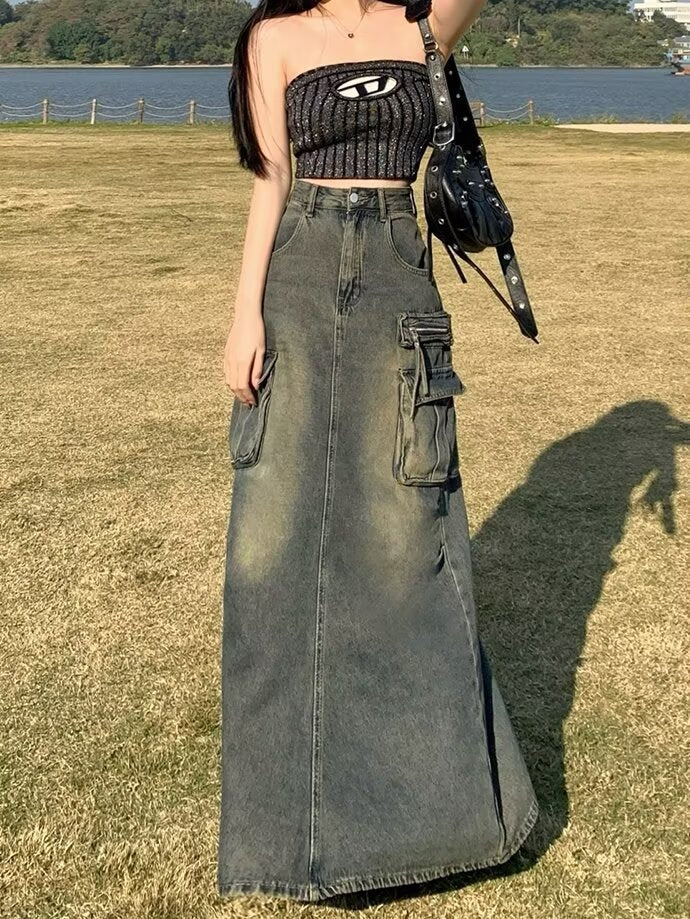 Women's Long Denim Skirt with High Waist and Practical Pockets WW