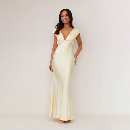 Women's elegant maxi dress with deep V-neck and flowing satin finish