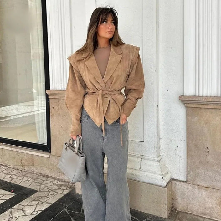 Women's Transitional Jacket made of soft suede with a waist-cinching belt and voluminous sleeves WW