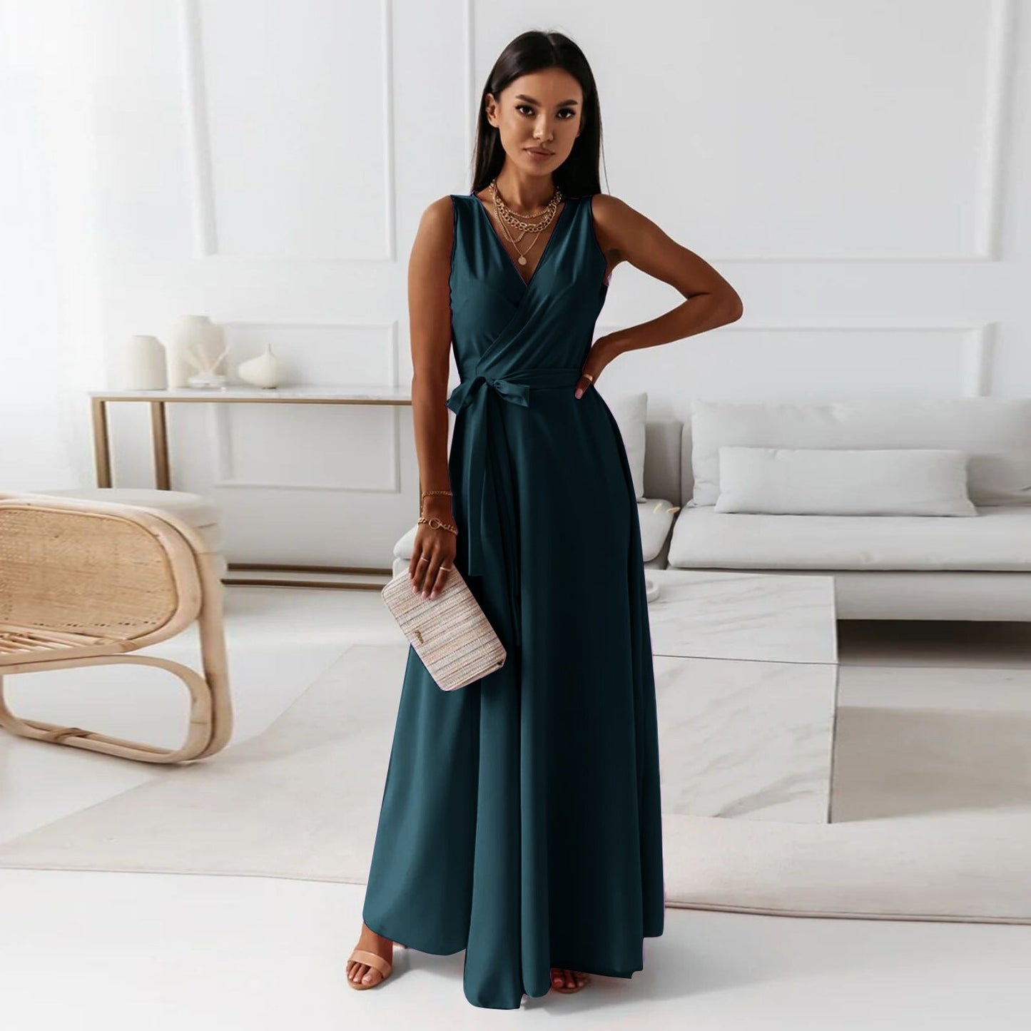 WW | Damen Einfarbig V-ausschnitt Langes Kleid