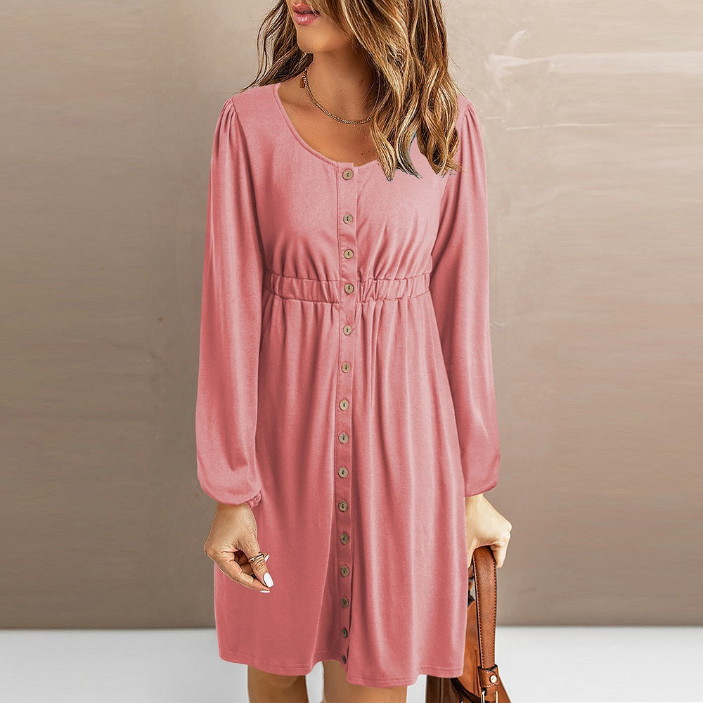 Damen knielanges Kleid mit Knopfdetails und elastischem Taillenzug WW