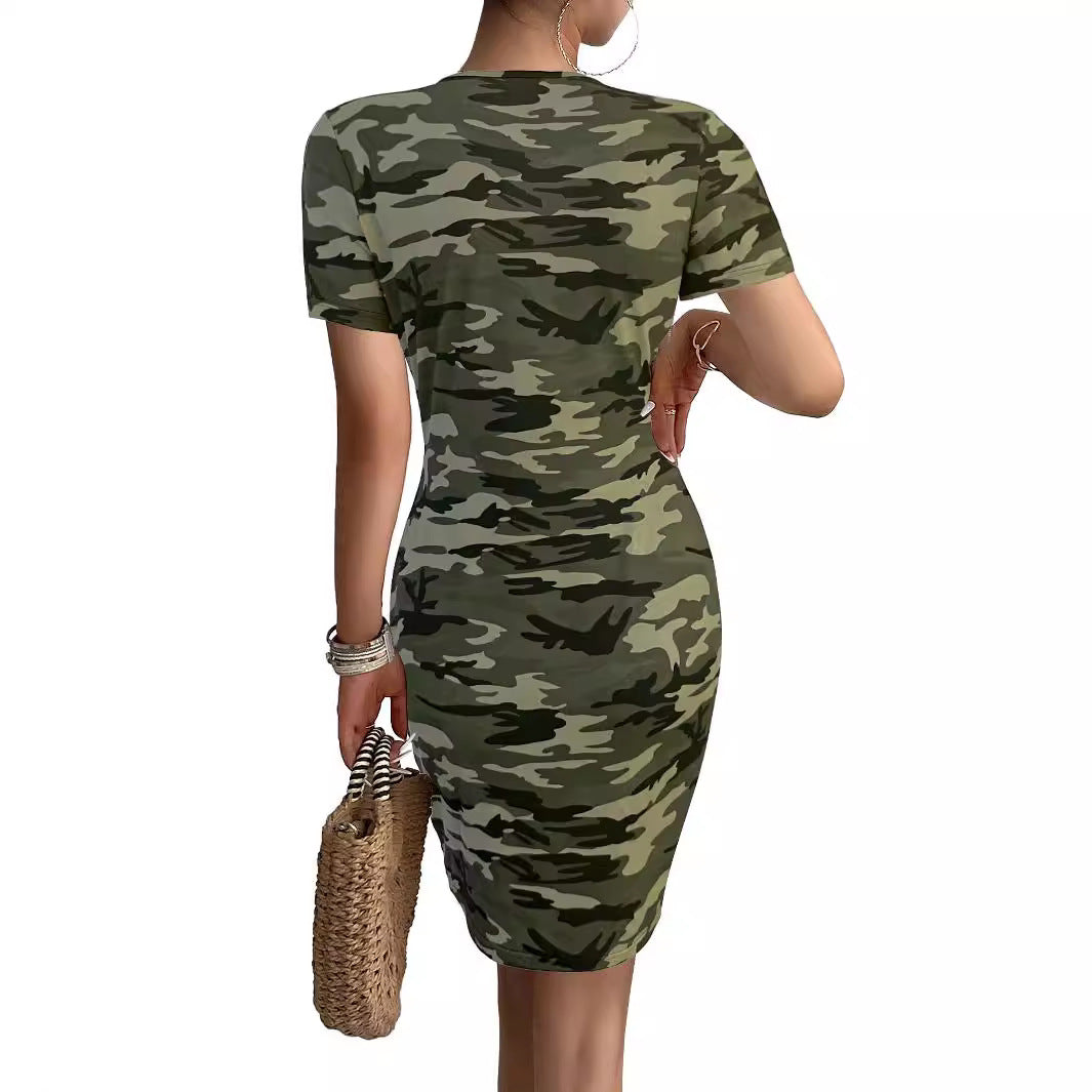 Damen Kurzarm Kleid im angesagten Camouflage-Stil mit figurbetontem Schnitt und V-Ausschnitt WW