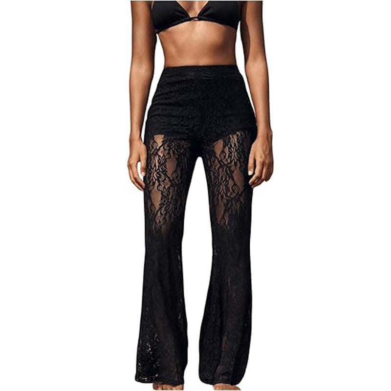 Damen elegante Spitzenhose mit hohem Bund und weit geschnittenem Bein WW