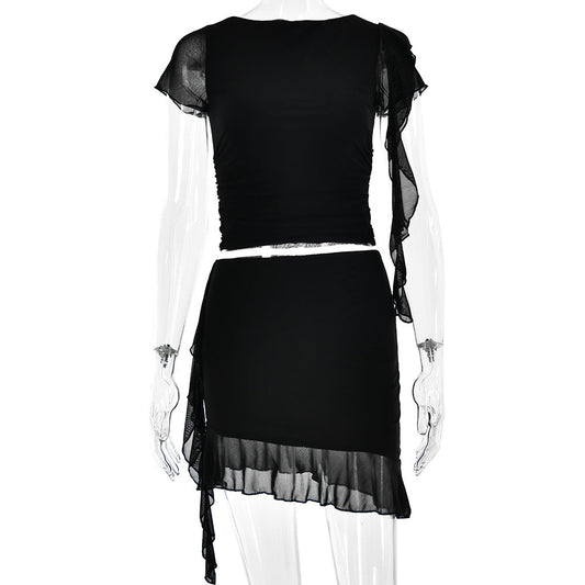 Damen Crop-Top und Minirock mit asymmetrischem Saum und Rüschendetails W&W