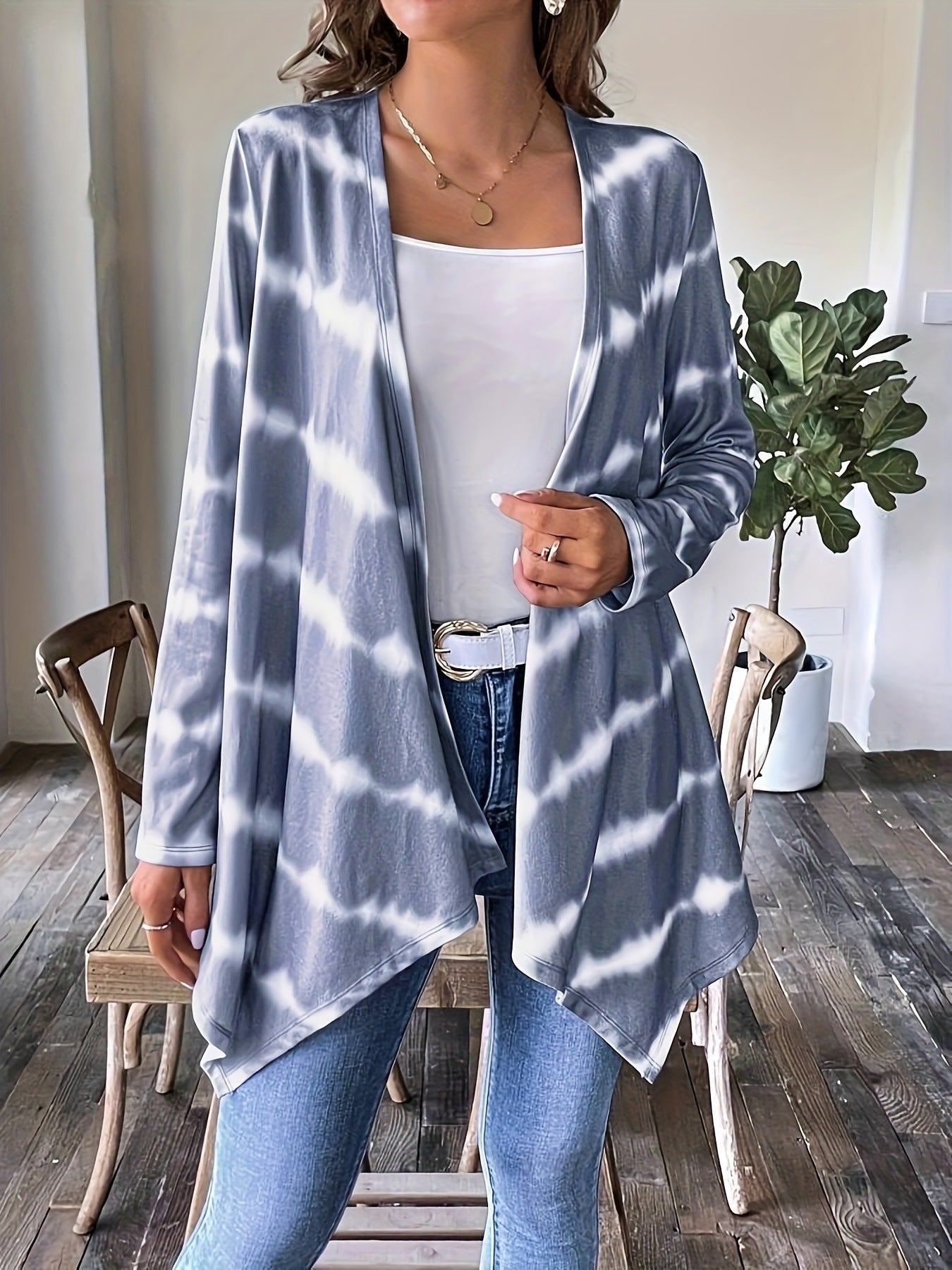 WW | Cardigan - Offene Vorderseite - Lange Ärmel - Batikmuster - Lässige Chic-Schicht