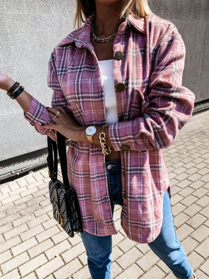 WW | Oversized Fit Wool Look Plaid Mid Length Casual Style