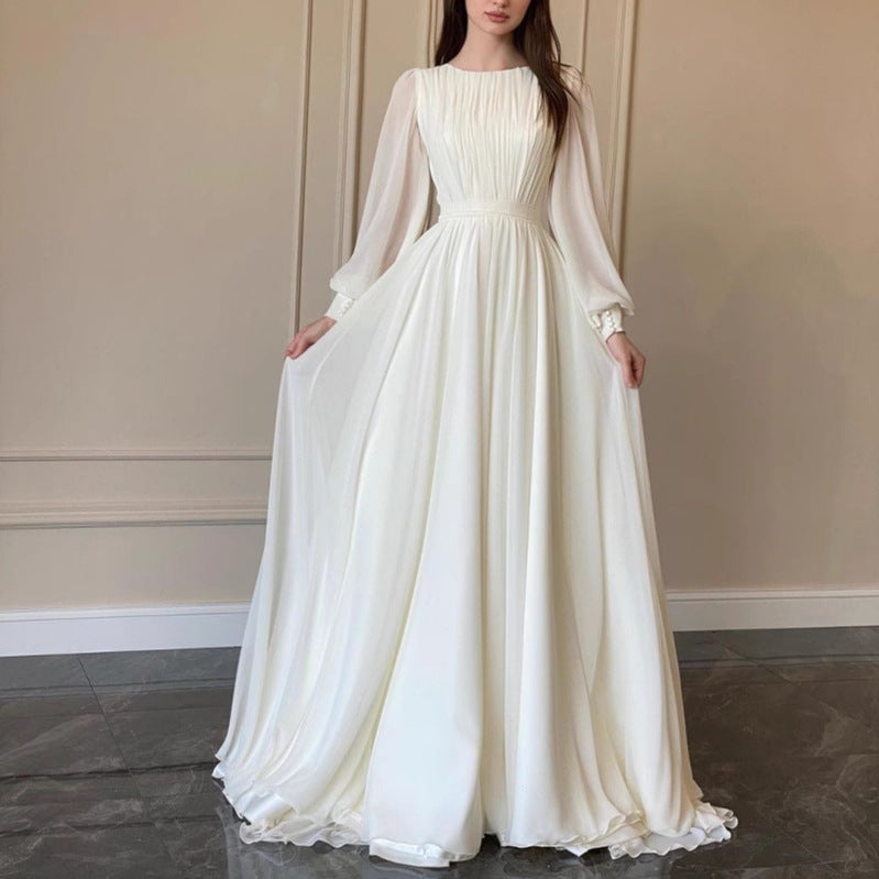 WW | Durchsichtiges Weißes Hochzeitskleid Rundhalsausschnitt Lange Ärmel Kleid