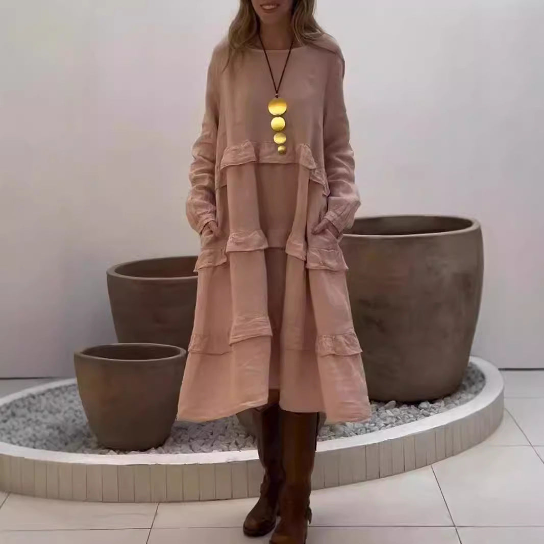 WW | Ruffled Round Neck Long Sleeve Dress