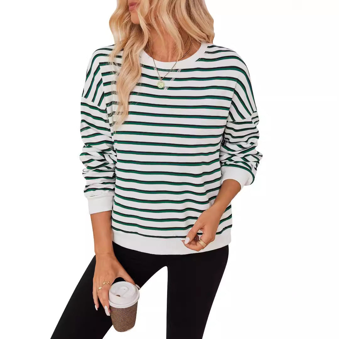Damen lässiger Sweatshirt mit modernem Streifenmuster und Rundhalsausschnitt WW